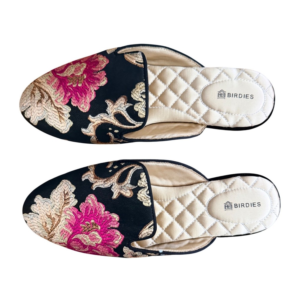 Birdies Slipper Womens 7.5 The Phoebe Black Pink Gold Floral Jacquard New